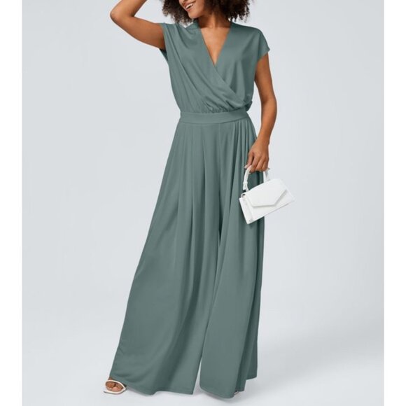 Halara V Neck Short Sleeve Side Pocket Wide Leg Waffle Casual Jumpsuit Sz Large - Picture 12 of 13